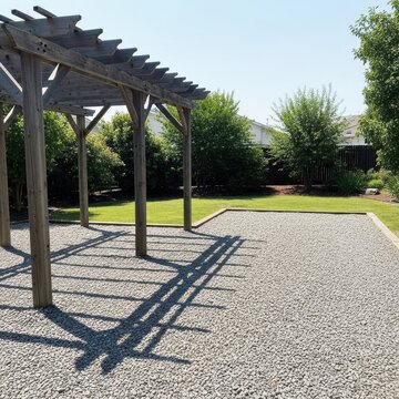 Wooden Arbor Structure in Backyard with Green Grass and Trees