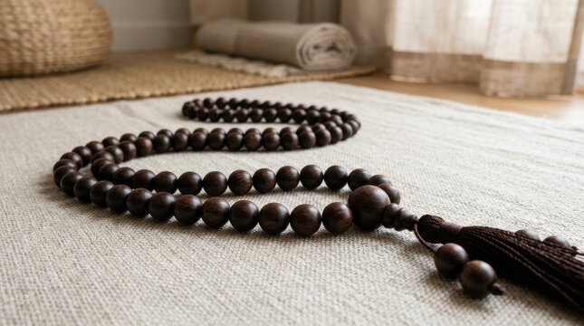 Wooden Prayer Beads on Neutral Textile with Natural Light Shining