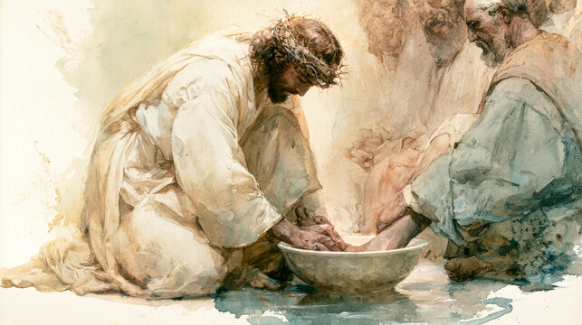 Jesus kneels down to wash the feet of his disciples in a simple setting. The scene shows a moment of service and humility in an ancient time