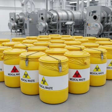 Yellow Containers of Medical Waste in a Clean Industrial Facility
