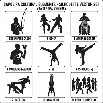 Capoeira cultural elements silhouette vector set, 9 essential symbols of Brazilian martial arts, black and white icons for sports and dance