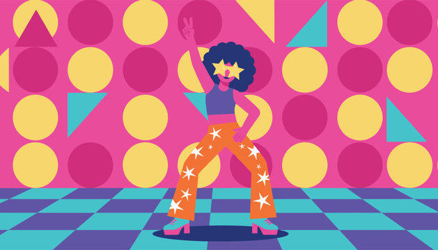 Energetic girl dancing in retro seventies style wearing star sunglasses and orange star-patterned bell bottom pants.