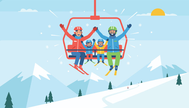 Cheerful family of four sitting on a ski lift chair raising their hands high against a background of snowy mountains.