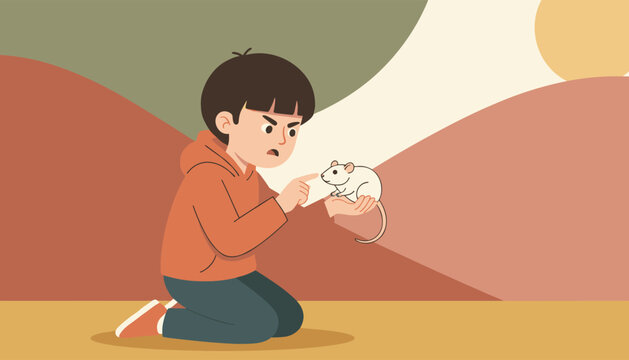Angry young boy kneeling on the ground and pointing an accusatory finger at a small white mouse in his palm.