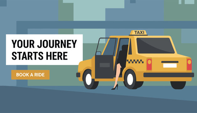 Modern yellow taxi cab parked in the city with a passenger woman stepping out in a promotional ride-hailing banner design.