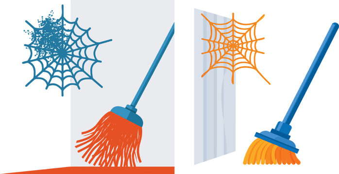 A vibrant cobweb icon in a corner of a room is being cleaned by a long-handled duster with bright colors and modern UI style, set against a pure white background