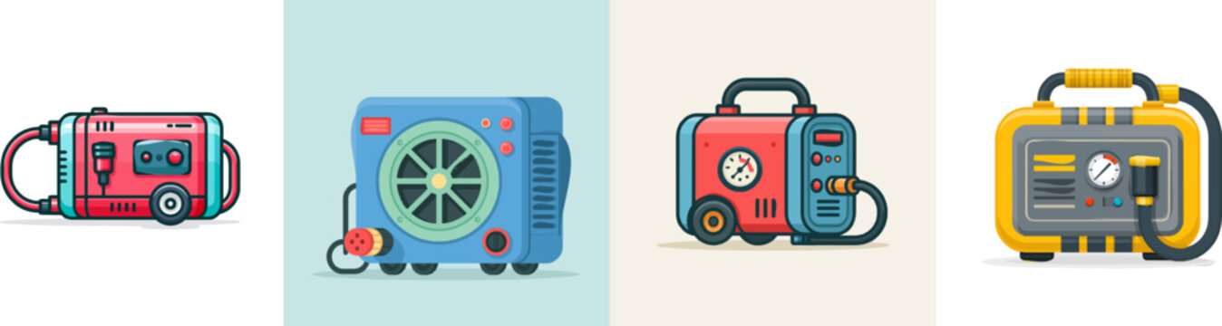 A vibrant, flat vector icon of a compact portable electronic air compressor for tires features bright colors, modern UI design, clean lines, and is isolated on a pure white background