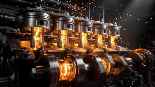 Close up of powerful engine pistons firing inside industrial machinery with glowing combustion sparks