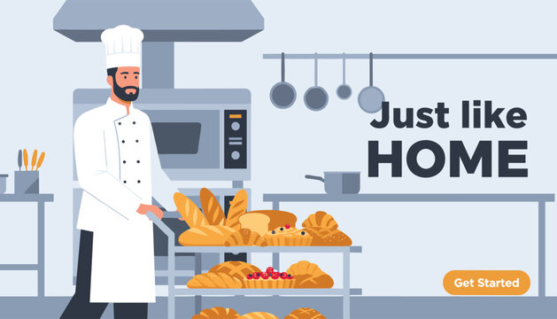 Professional chef in a white uniform pushing a cart full of baked bread and pastries inside a commercial kitchen.