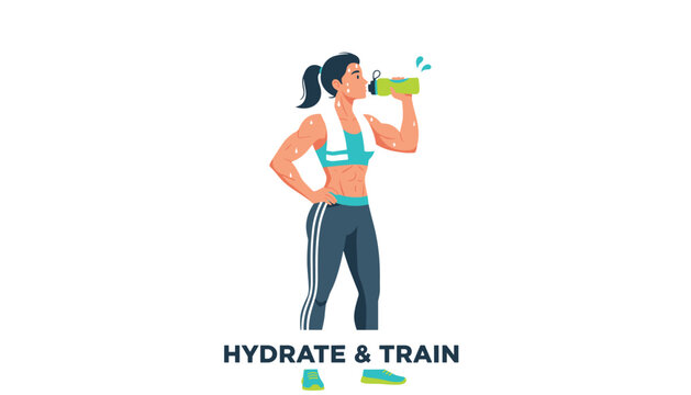 Athletic woman drinking water after an intense workout with the text hydrate and train in flat design style.