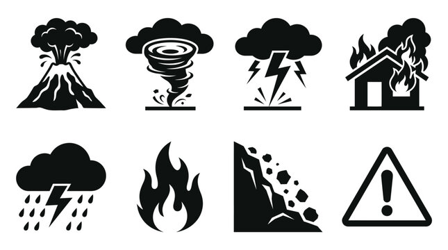 Natural disaster hazard icon set featuring volcanoes, tornadoes, thunderstorms, fires, landslides, and warning symbols for safety, emergency preparedness, and communication