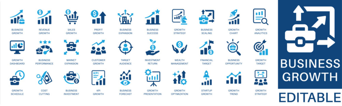 Business growth and business expansion solid icon set. Featuring growth strategy, target audience, wealth management, cost cutting, and kpi growth. Editable vector glyphs for business plan and audit.