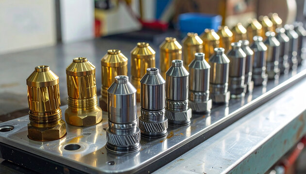 Metallic industrial components on metal tray in factory setting
