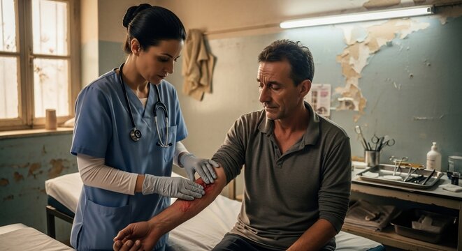Healthcare professional examining patient with injured arm in clinic