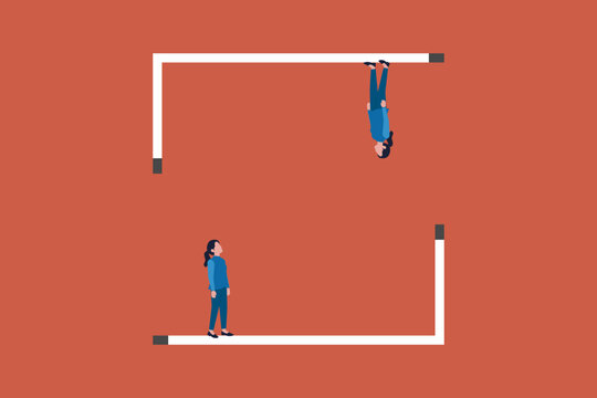 Business woman standing on different side. concept of different opinion, direction, disagreement, miscommunication and risk