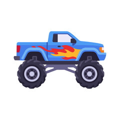 Blue monster truck toy with pickup body, oversized tires, raised suspension, and flame side decals, off-road play vehicle for toyshop, playroom, and childhood design, colorful illustration © point of BORT