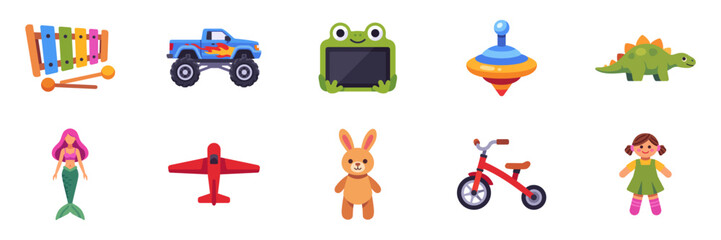 Set of children's toy icons with dolls, vehicles, musical playthings, animal figures, and learning devices for playroom and nursery design, colorful collection with illustrations © point of BORT
