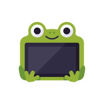 Children's tablet toy with green frog frame, large round eyes, small smiling face, dark screen, and hand grips, pretend device for play, learning, and activity design, colorful illustration