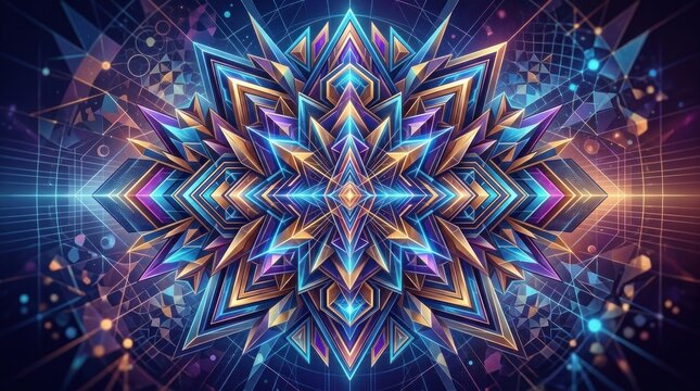 A vibrant, abstract geometric pattern with a snowflake-like design, featuring a mix of blue, purple, and orange hues, set against a dark background with a glowing, star-like effect.