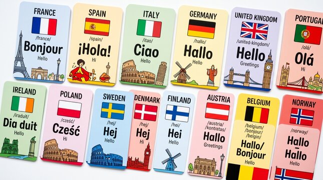 Colorful language flashcards with flags of European countries and greetings in different languages &mdash; the photo should be high-quality, sharp and detailed, with an isolated background, vibrant colors, 