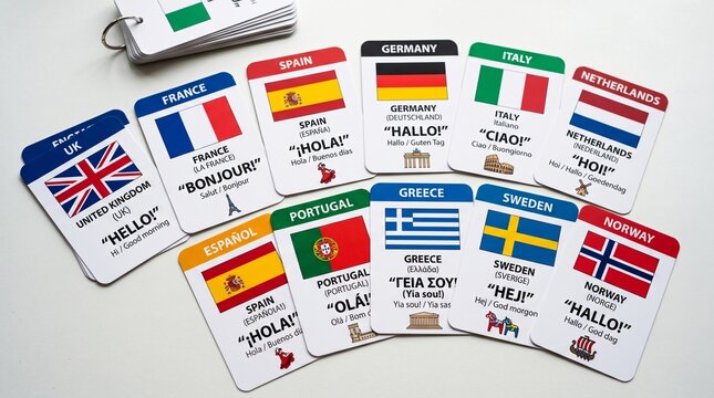 Colorful language flashcards with flags of European countries and greetings in different languages &mdash; the photo should be high-quality, sharp and detailed, with an isolated background, vibrant colors, 