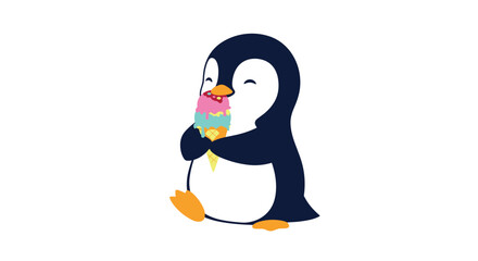Fototapeta premium Happy cartoon penguin enjoying a large three-scoop colorful ice cream cone on a clean white background.