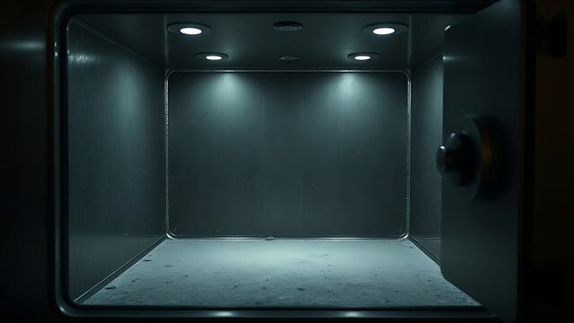 Open, empty safe with dust inside, dim light on metallic surfaces.