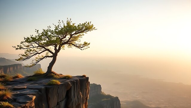 Lone laurel tree on cliff edge, branches extended against wind, golden hour sunlight, panoramic view.