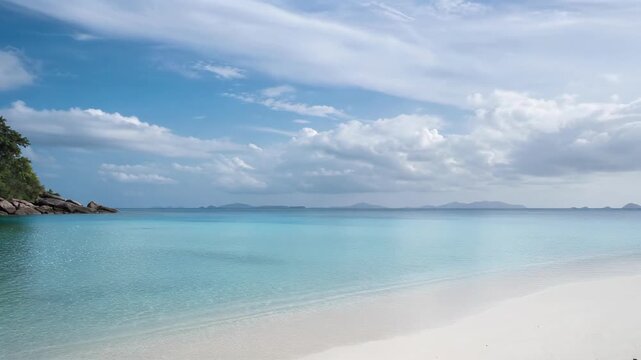 Tranquil tropical beach with clear blue water and distant islands