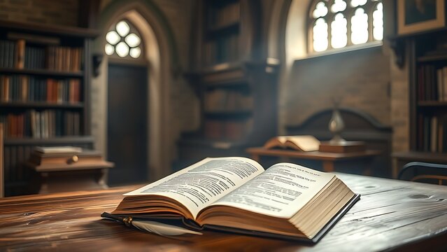 Medieval library with open manuscript and quill on wooden desk.