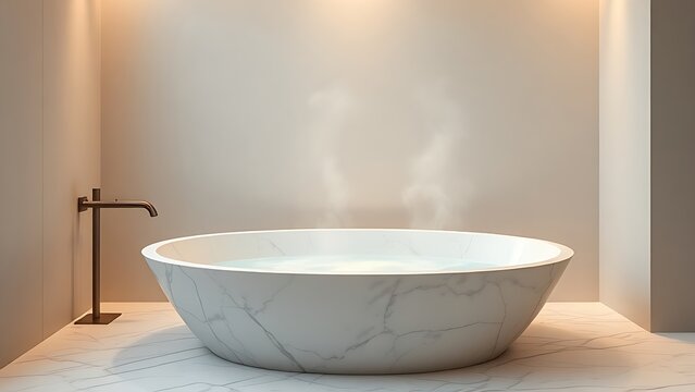A serene Roman-style marble bathtub in an empty bathroom with soft steam rising.