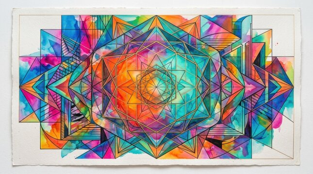 A vibrant, abstract watercolor painting featuring a colorful, geometric design with a central, circular motif surrounded by various shapes and patterns in a rainbow of colors.