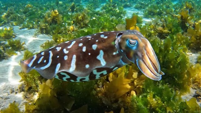 A large cuttlefish swims over green seaweed underwater near sandy ocean floor.