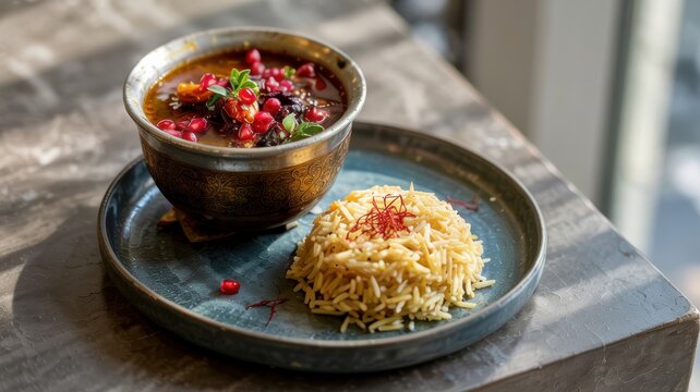 Dishes of Iranian cuisine. 
A traditional lunch consisting of an Iranian stew (khoresh) and a side dish of crumbly rice (chelo).  The legendary Fesenjan (chicken in a thick pomegranate-nut sauce).