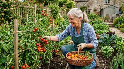 Fototapeta premium Happy Gardener Harvesting Fresh Tomatoes in Lush Organic Garden