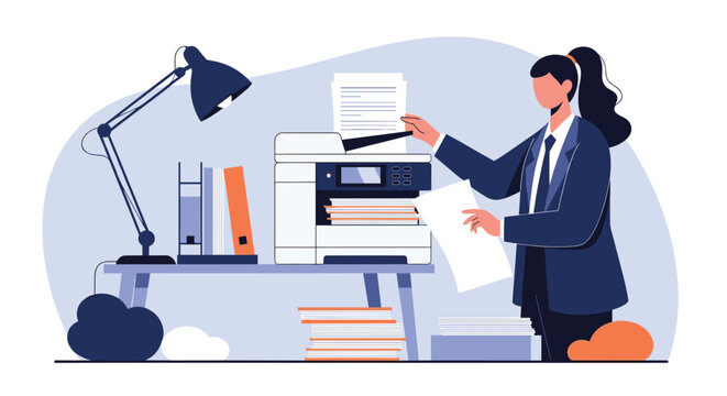 Young businesswoman in a professional suit using a modern printer and scanner machine at her neat office workstation.
