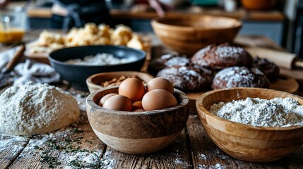 Fototapeta premium Fresh Baked Goodies and Ingredients on a Rustic Wooden Table, Close Up