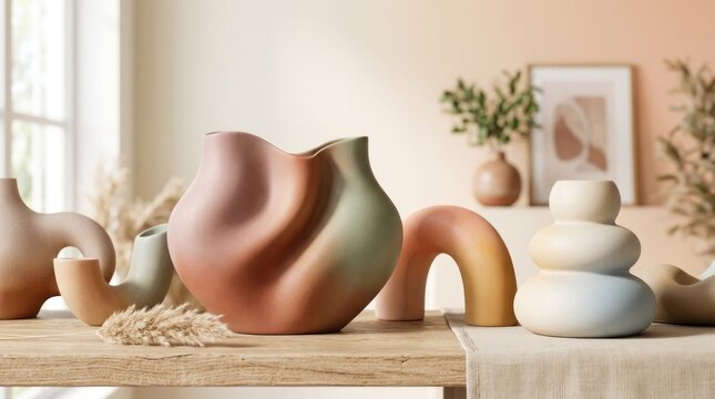 A modern, abstract ceramic vase collection on a wooden shelf in a light-filled, minimalist living room with a beige wall and a window in the background.