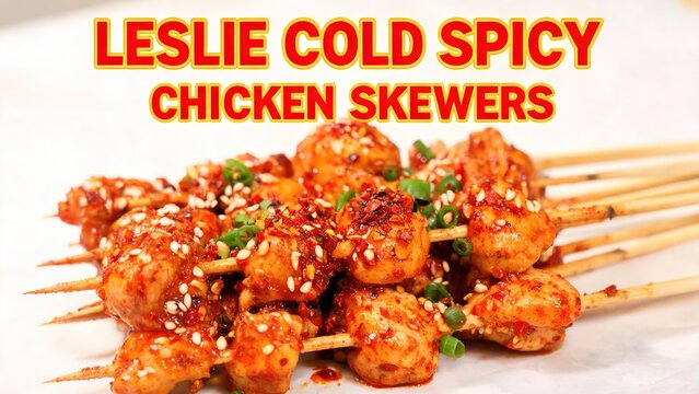 Leslie Cold Spicy Chicken Skewers Coated in Glossy Chili Sauce, Marinated Chicken Balls on Bamboo Sticks Topped with Crushed Chili, White Sesame Seeds and Sliced Green Scallions, White Paper Backgroun