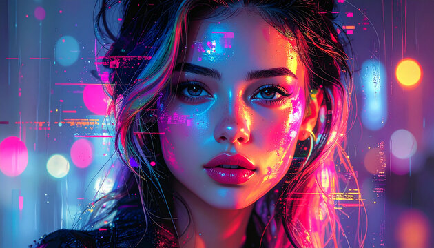 Woman face with colorful neon lights and futuristic digital effects