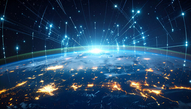 Global network connections and city lights on Earth from space