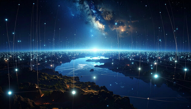 Galactic landscape with glowing blue lights and stars in night sky