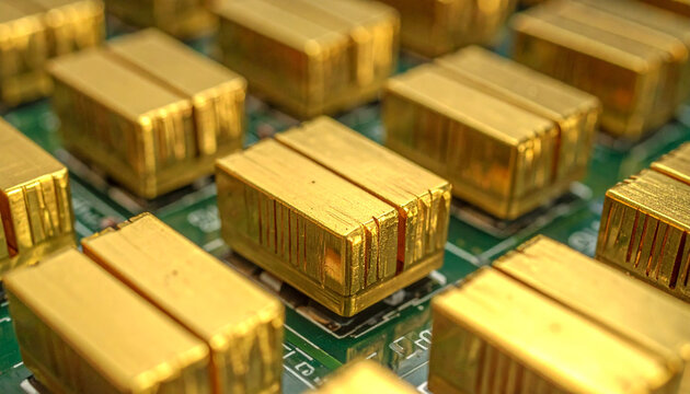Gold bars on circuit board close-up