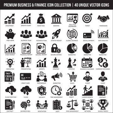 Business and Finance Icon Set, Corporate Vector Icons for Analytics, Banking, Marketing, Strategy, and Success