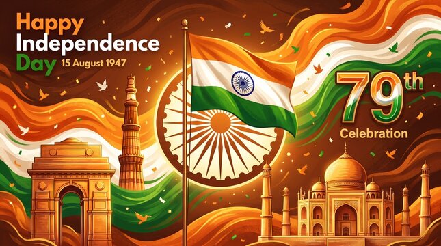 Indian Independence Day 79th celebration banner, national flag and monuments illustration, tricolor patriotic background for 15 August 1947