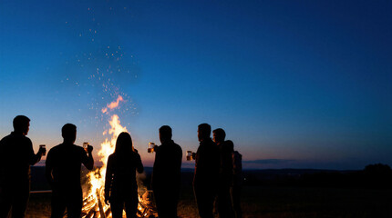 Fototapeta premium Group of man and woman holding beer mugs around bonfire at dusk. Friends relaxing outdoors at night. Celebration and summer party concept. Enjoying drink by warm fire in rural field.