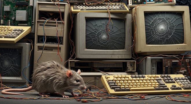 Rat surrounded by old computer equipment and wires