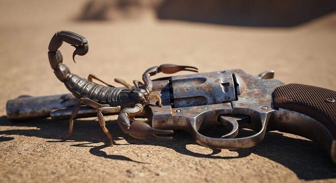 Scorpion on a rusty old revolver gun