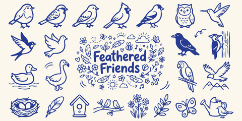 Fototapeta premium Collection of whimsical hand-drawn birds and nature elements in a charming doodle style with a lighthearted feel