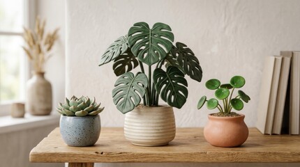 Fototapeta premium Three potted plants, including a monstera and a succulent, arranged on a wooden table with a white background and books in the background.